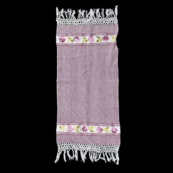 Woven Table Runner Cross Stitch Rose Flowers Fringe Cottagecore Pink White - Picture 2 of 7